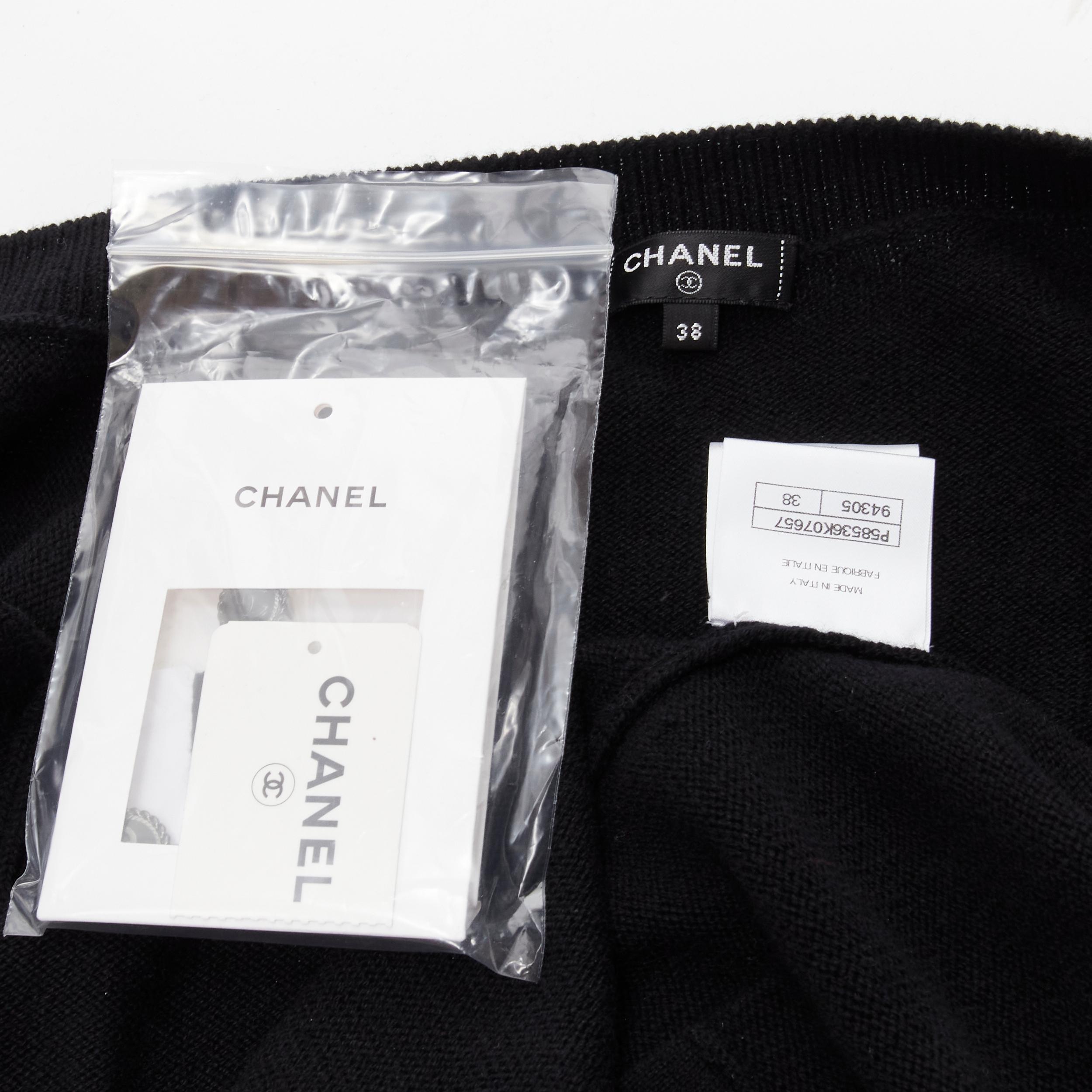 CHANEL 100% cashmere silver CC button 2-pocket chain trim black cardigan FR38 M 4