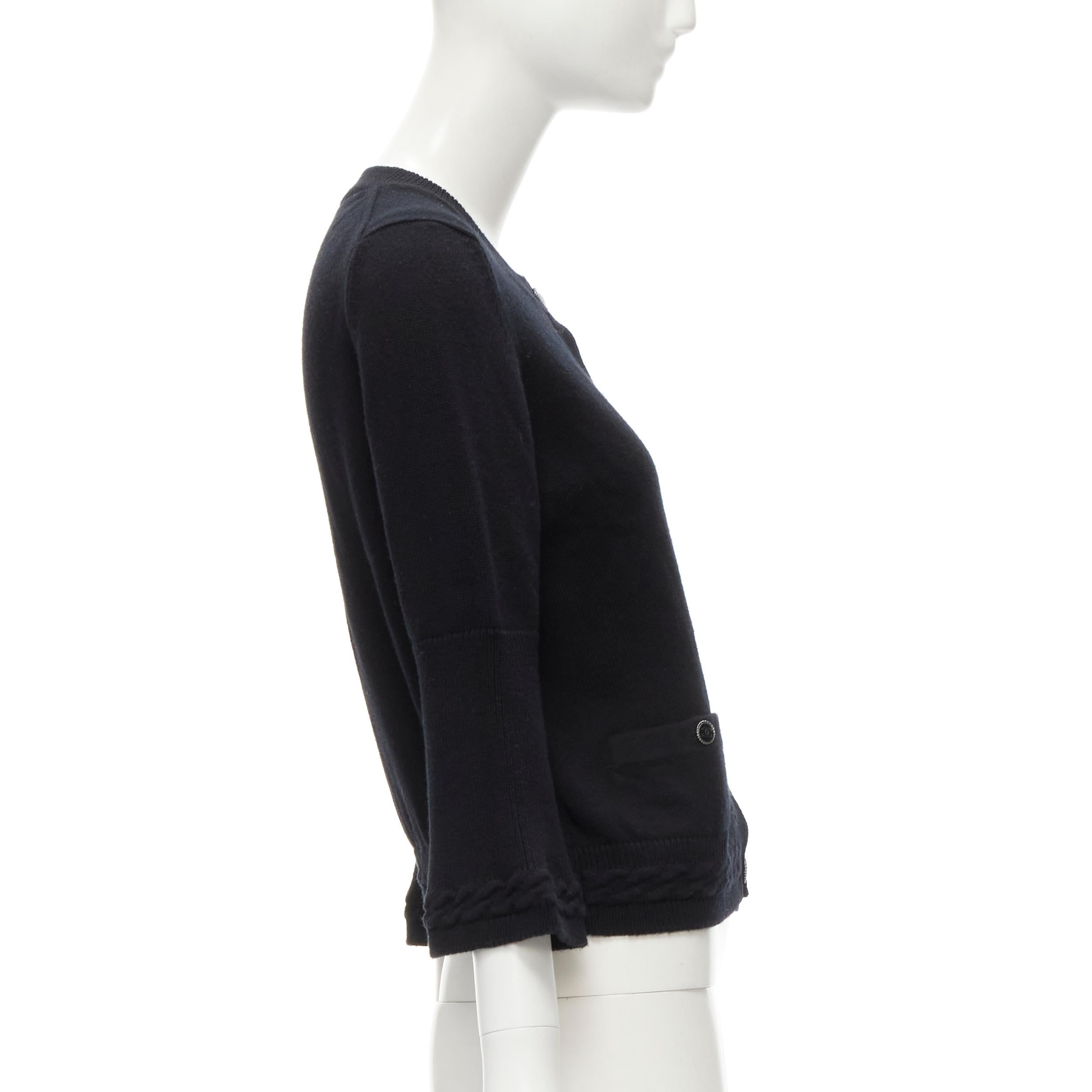 CHANEL 100% cashmere silver CC button 2-pocket chain trim black cardigan FR38 M In Excellent Condition In Hong Kong, NT