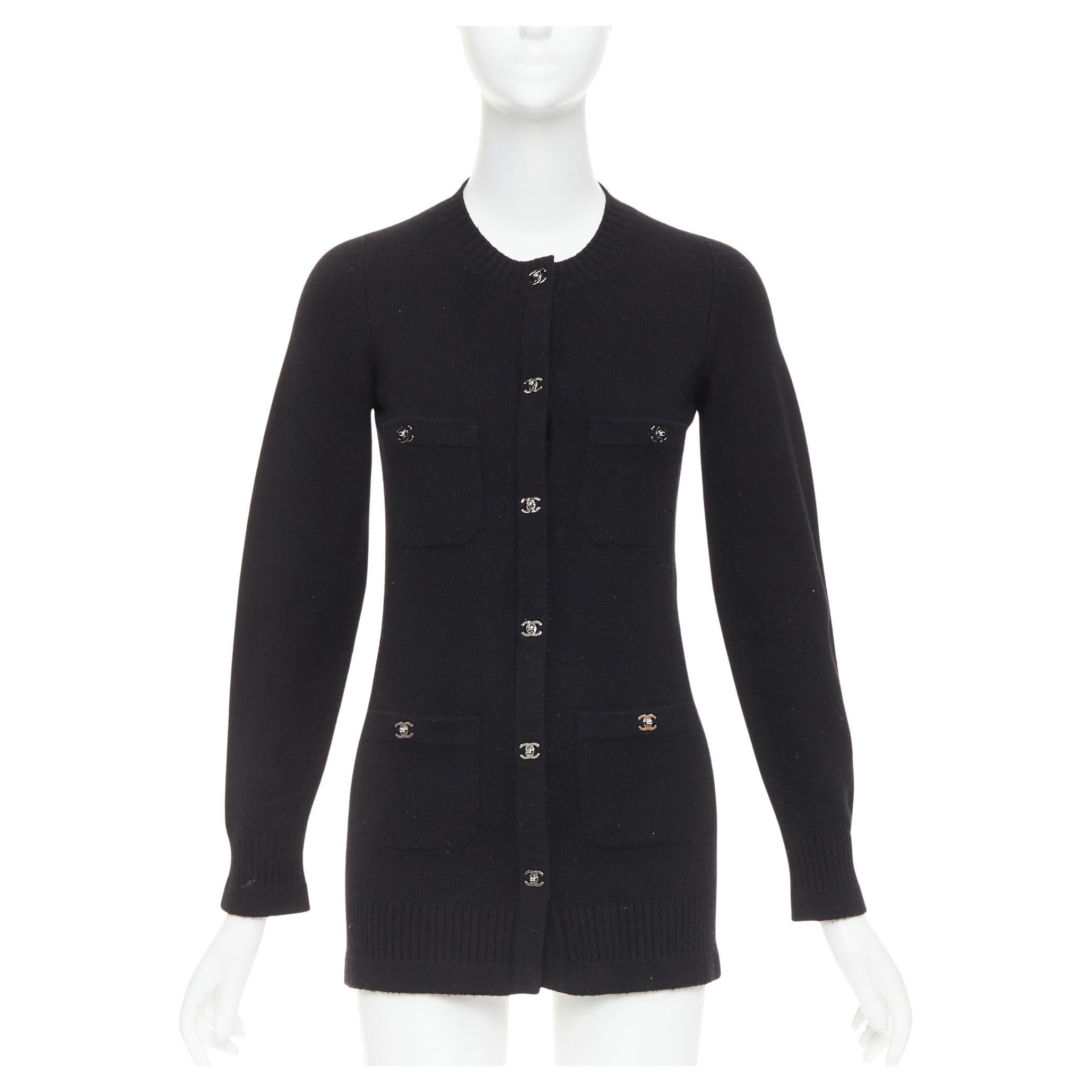 CHANEL 100% cashmere silver-tone CC turnlock 4 pocket long cardigan FR34 XS