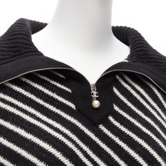 CHANEL 100% cashmere white diagonal stripe CC crystal logo cropped sweater FR34