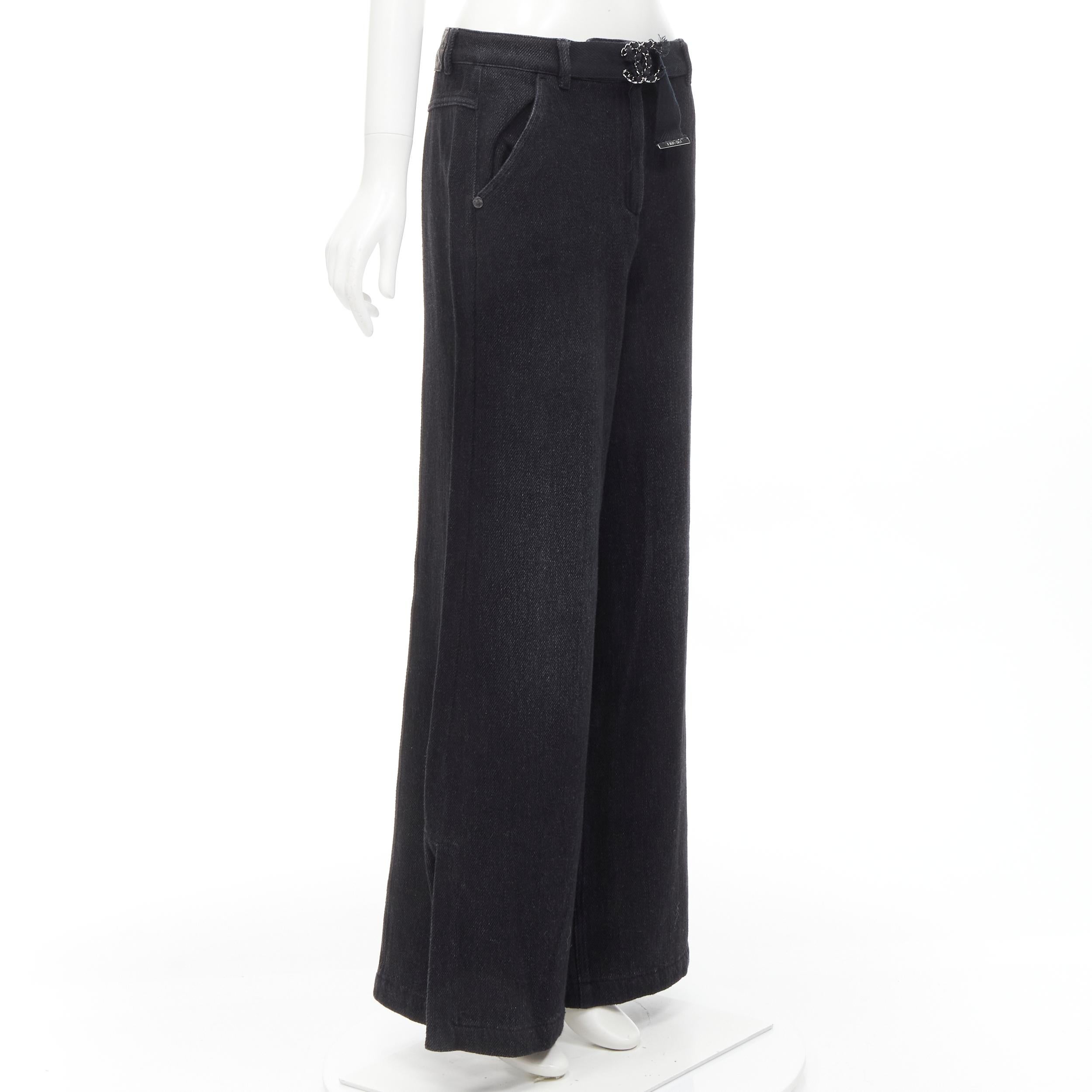 Black CHANEL 100% cotton black CC chain buckle belt wide leg bell bottom pants FR38 M For Sale