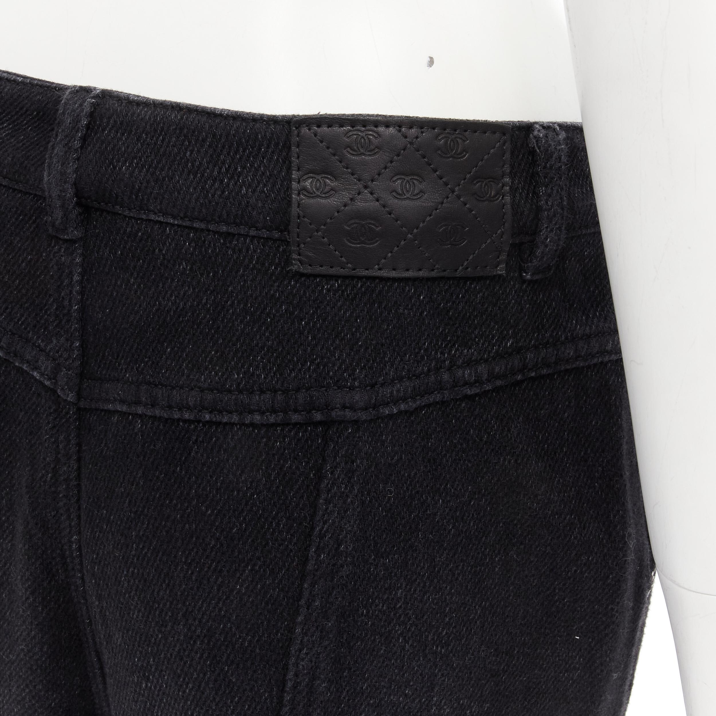 CHANEL 100% cotton black CC chain buckle belt wide leg bell bottom pants FR38 M For Sale 2