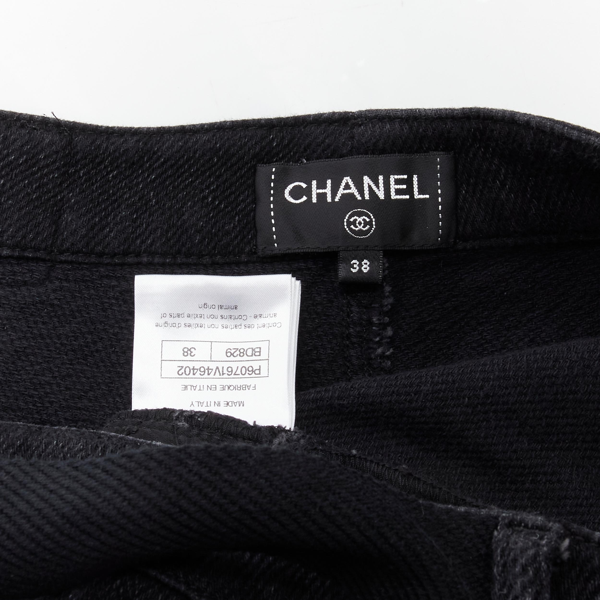 CHANEL 100% cotton black CC chain buckle belt wide leg bell bottom pants FR38 M For Sale 4