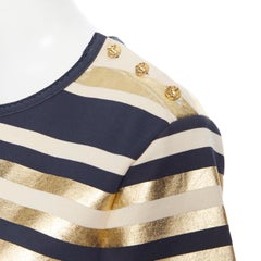 CHANEL 100% cotton metallic gold navy striped gold button short sleeve top FR40