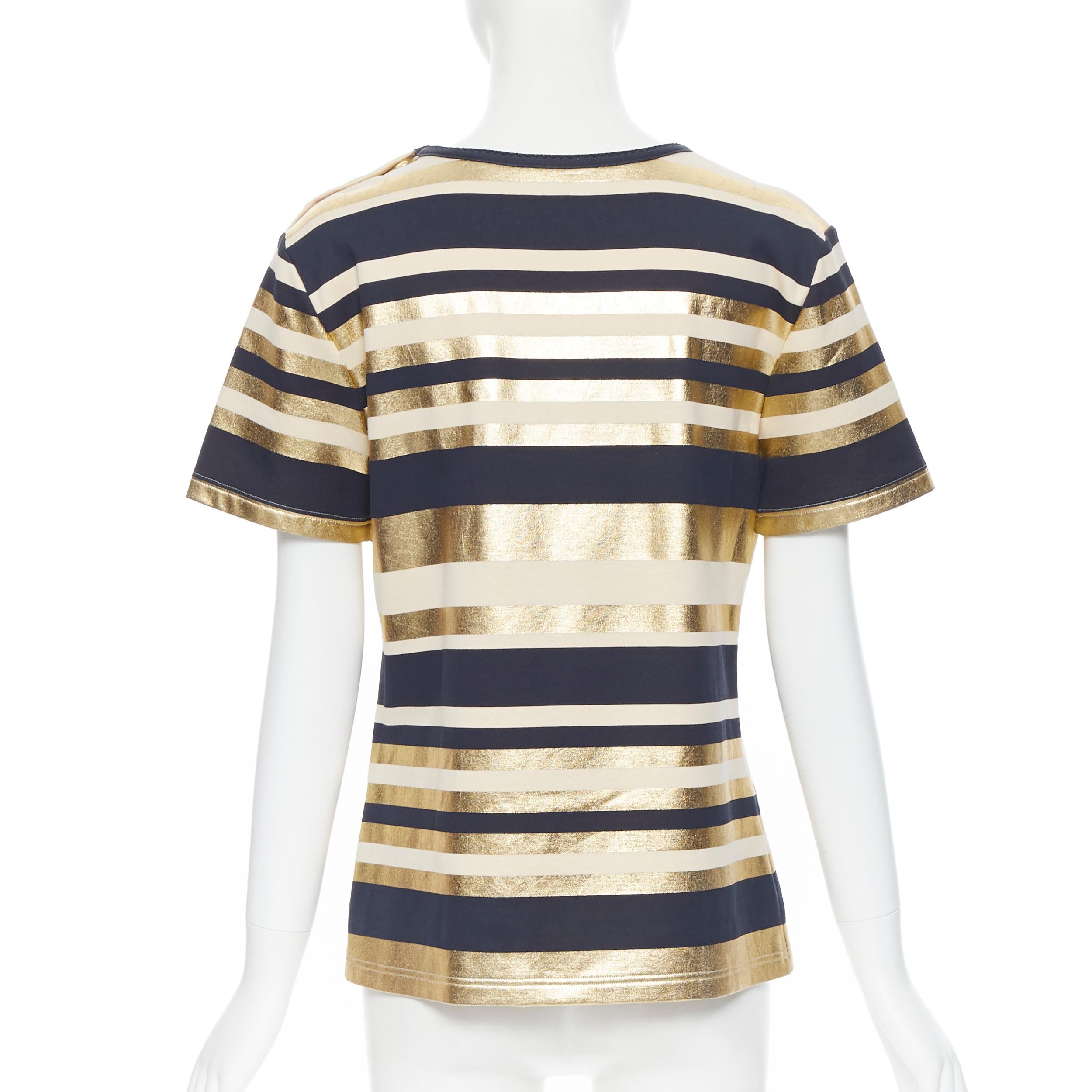 Gold CHANEL 100% cotton metallic gold navy striped gold button short sleeve top FR40