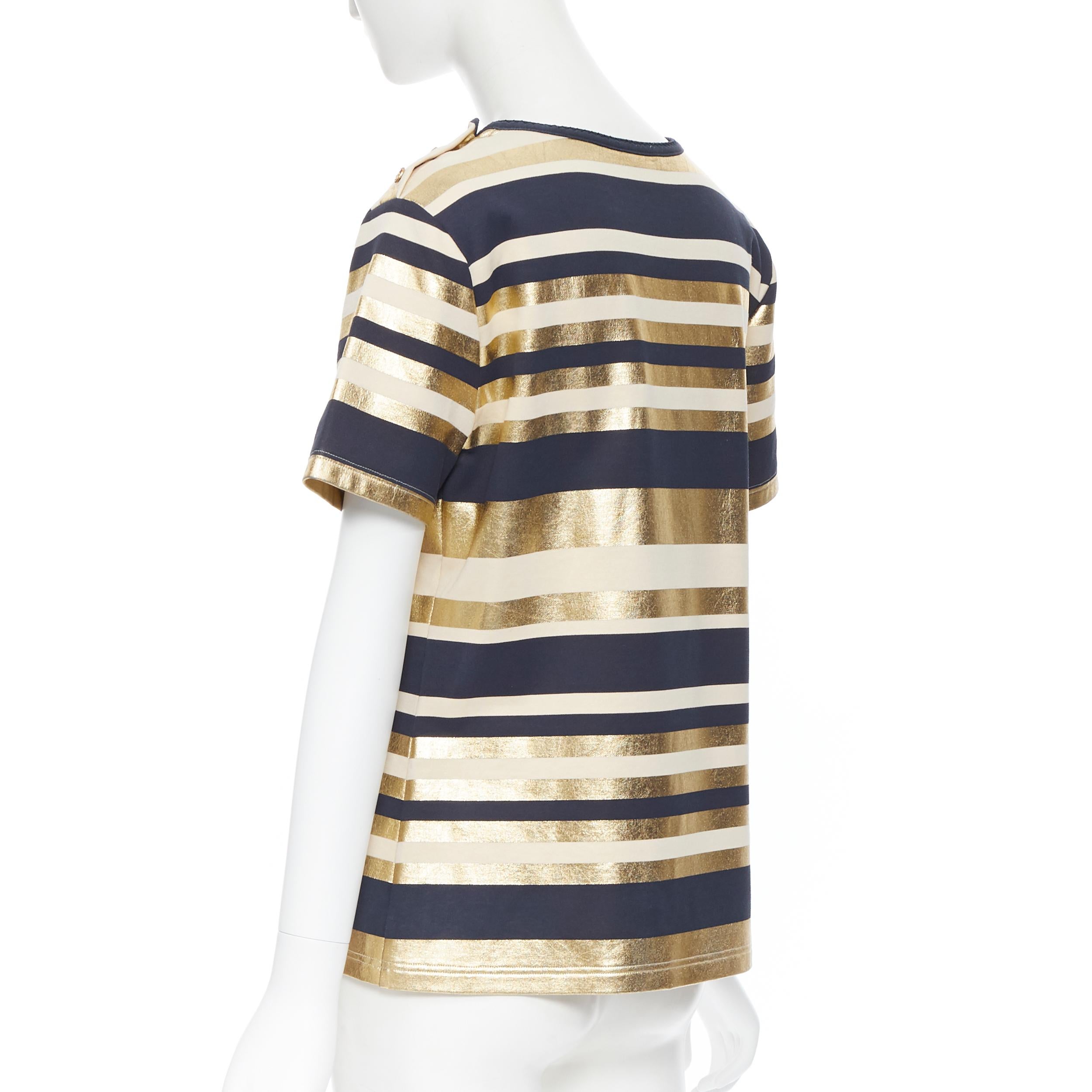 CHANEL 100% cotton metallic gold navy striped gold button short sleeve top FR40 In Excellent Condition In Hong Kong, NT