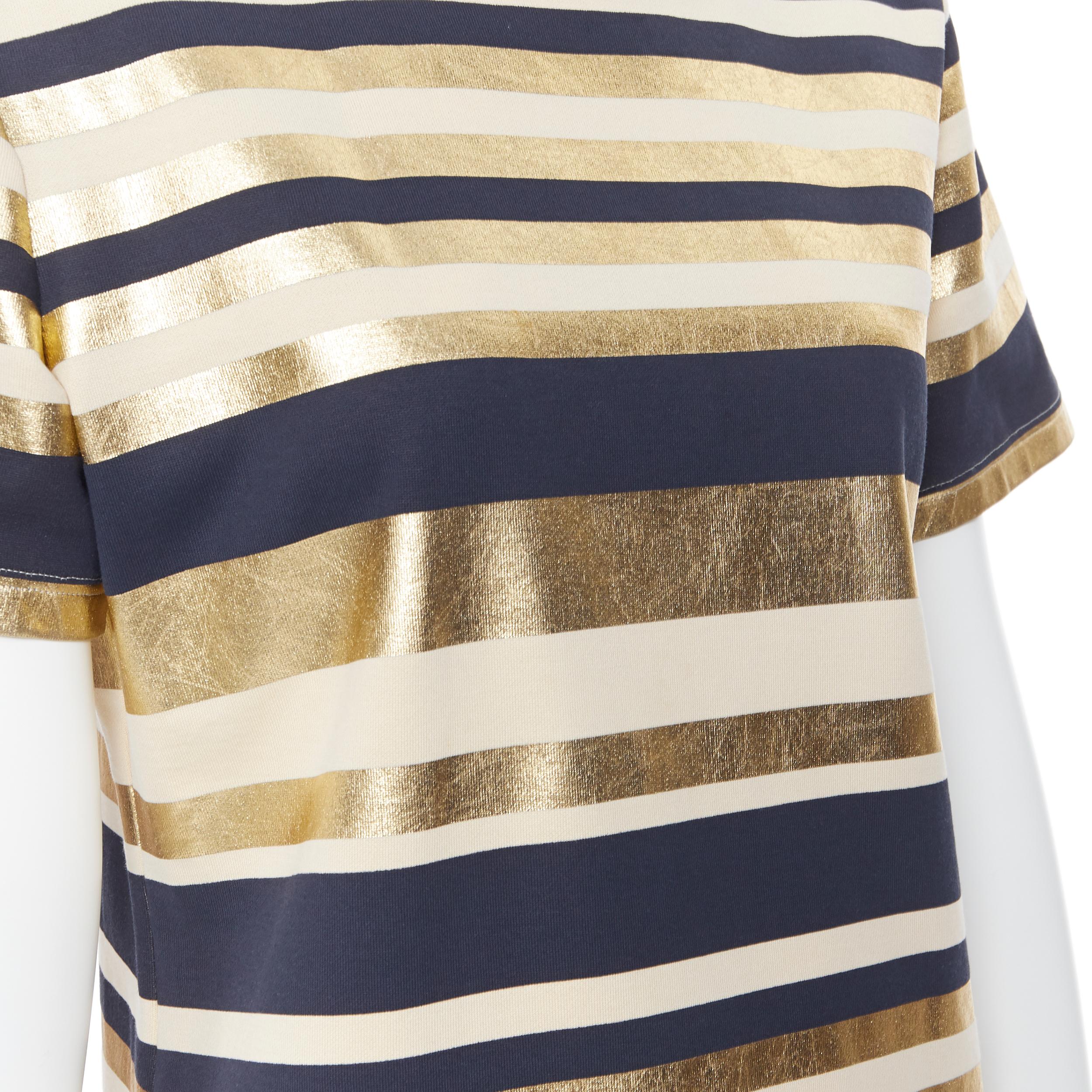 Women's CHANEL 100% cotton metallic gold navy striped gold button short sleeve top FR40