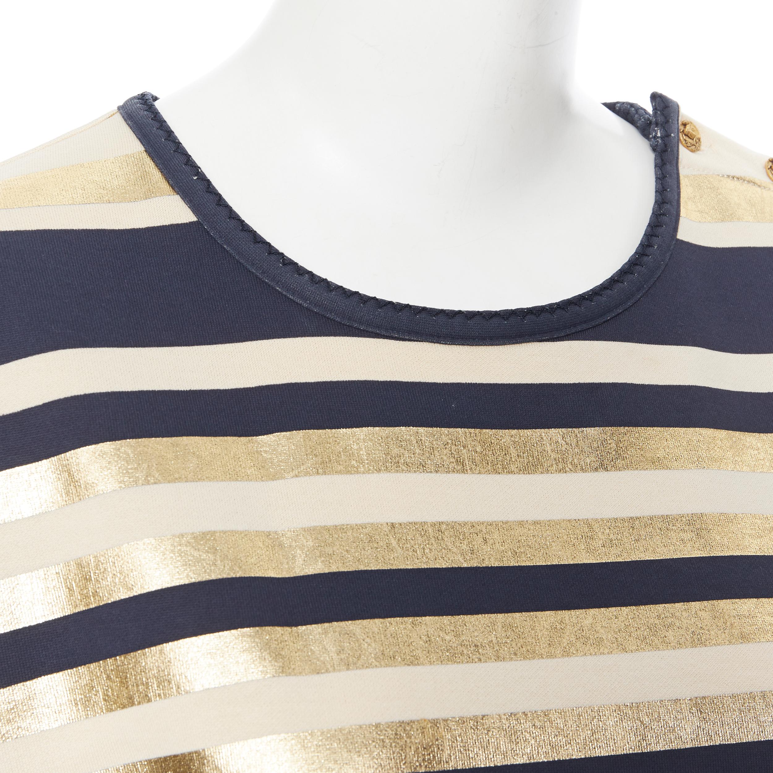 CHANEL 100% cotton metallic gold navy striped gold button short sleeve top FR40 1