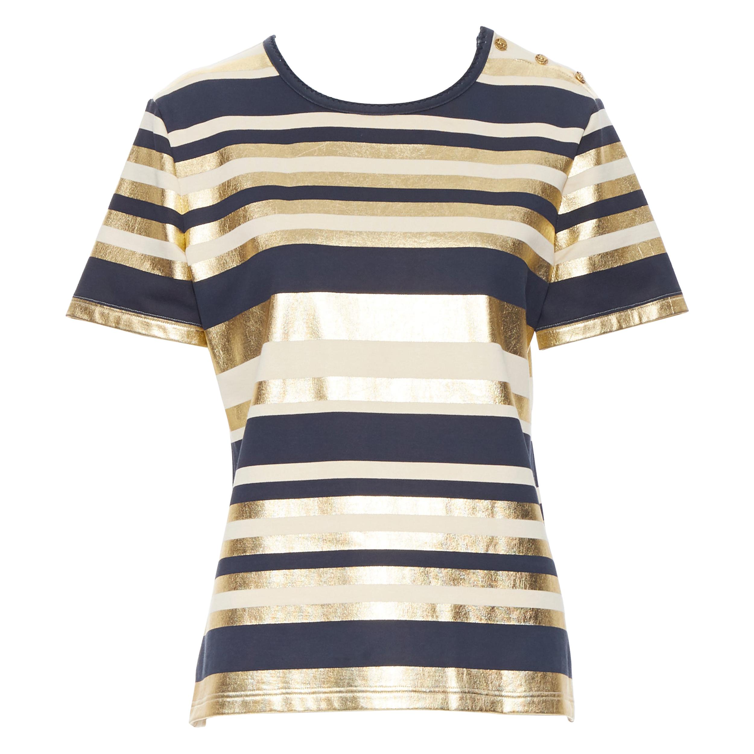 CHANEL 100% cotton metallic gold navy striped gold button short sleeve top FR40