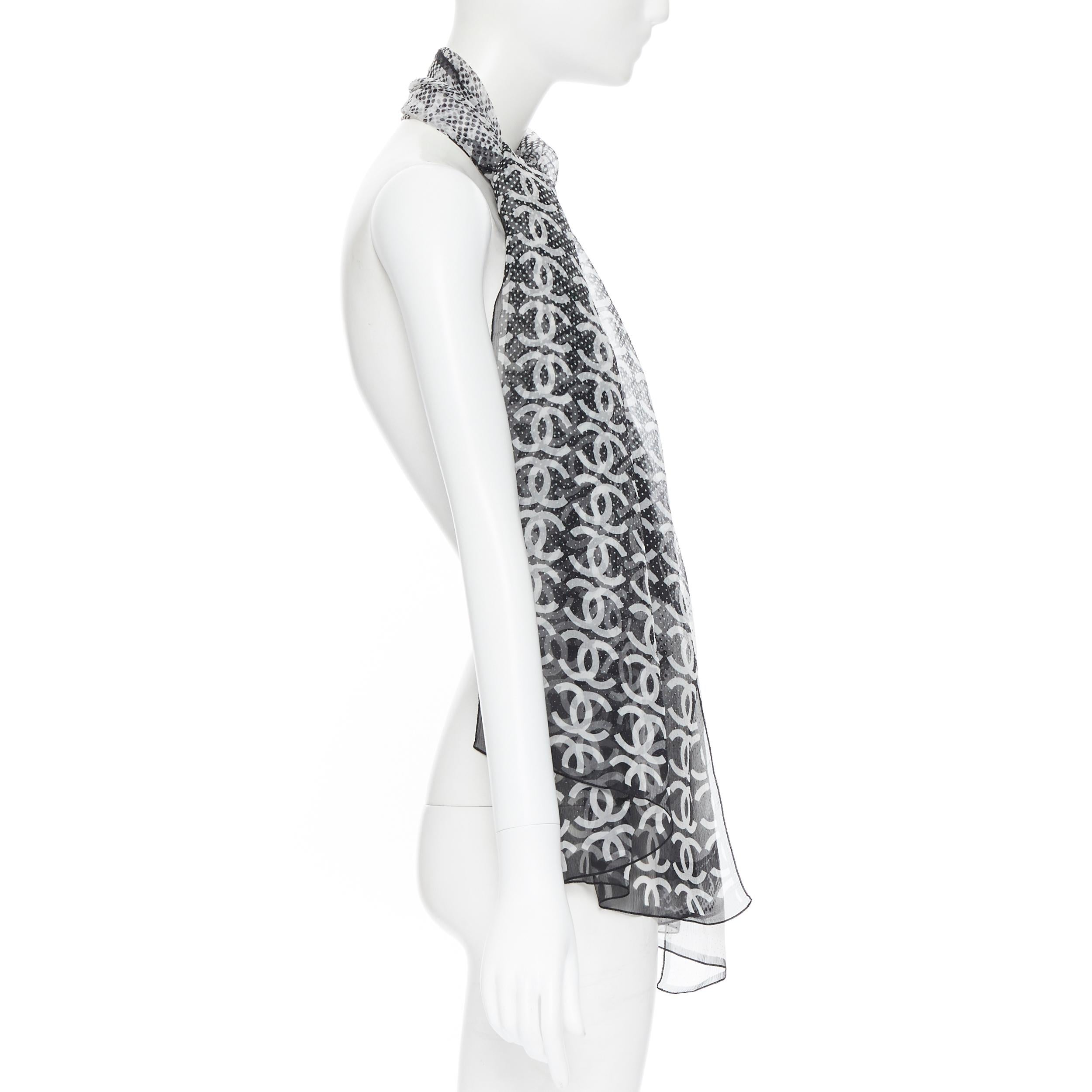 Gray CHANEL 100% silk black white logo monogram scarf
