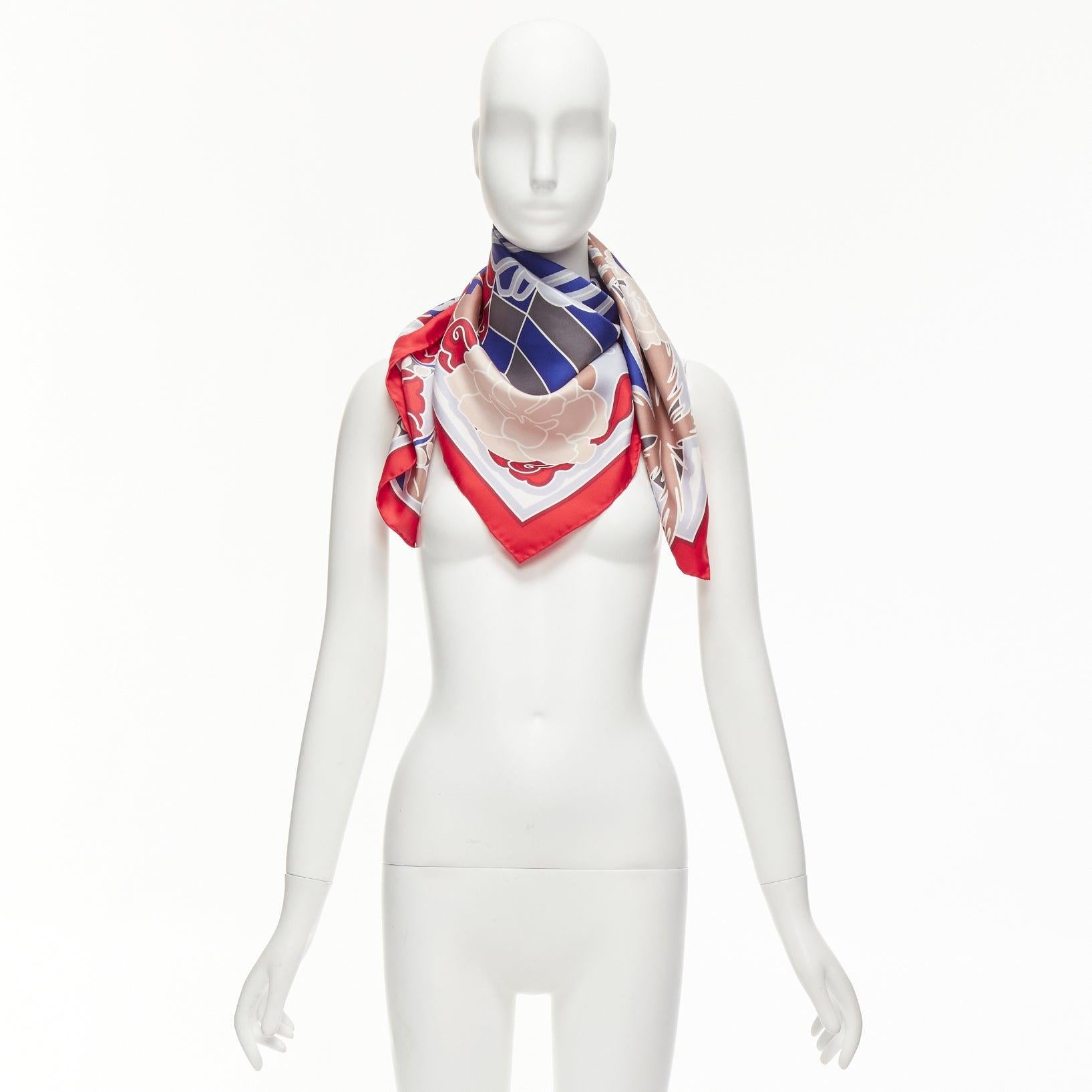 CHANEL 100% silk red blue lion statue palm trees big square scarf For Sale 6