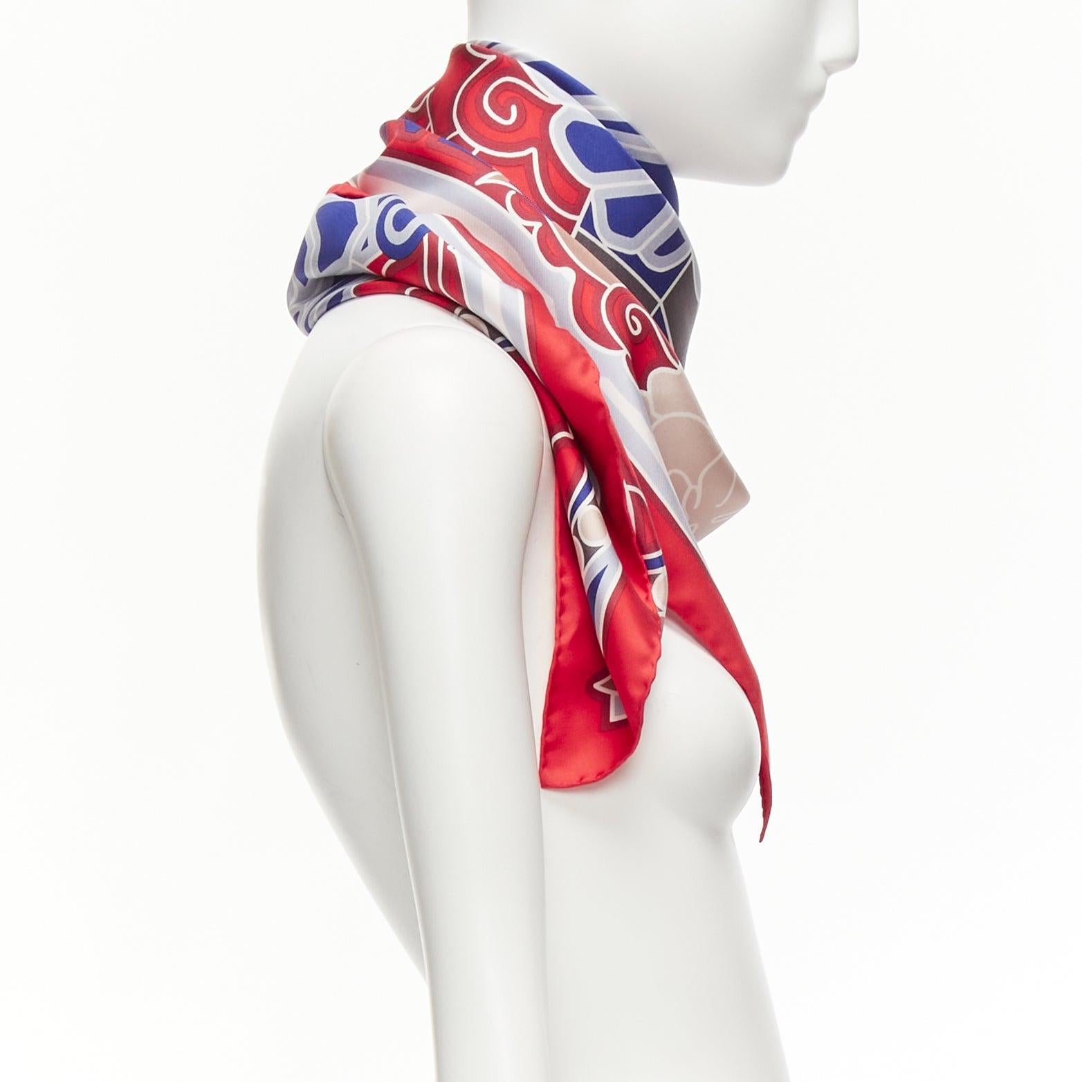 CHANEL 100% silk red blue lion statue palm trees big square scarf In New Condition For Sale In Hong Kong, NT