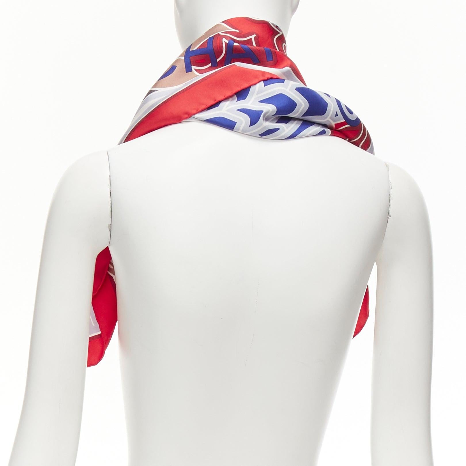 Women's CHANEL 100% silk red blue lion statue palm trees big square scarf For Sale