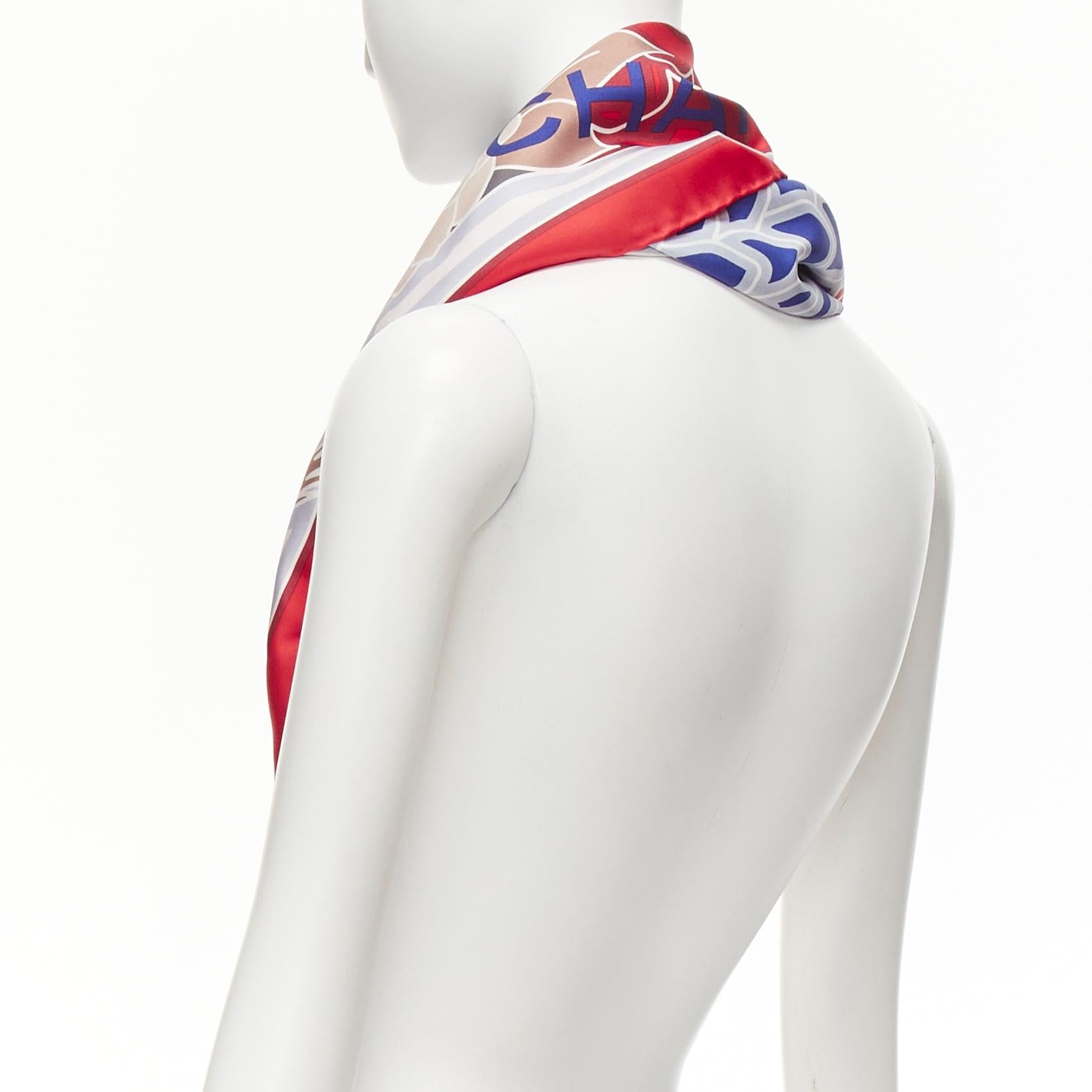 CHANEL 100% silk red blue lion statue palm trees big square scarf For Sale 1