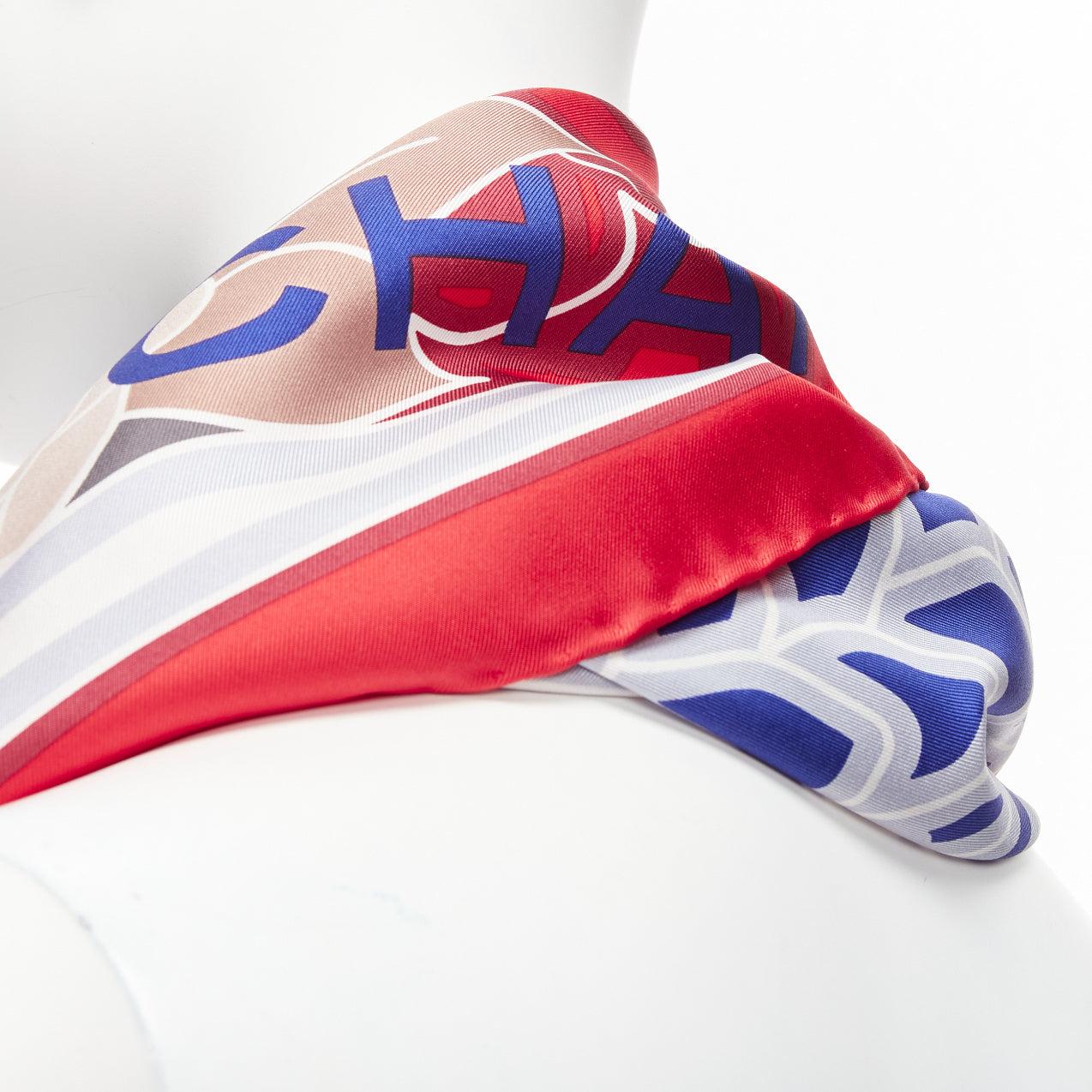 CHANEL 100% silk red blue lion statue palm trees big square scarf For Sale 2