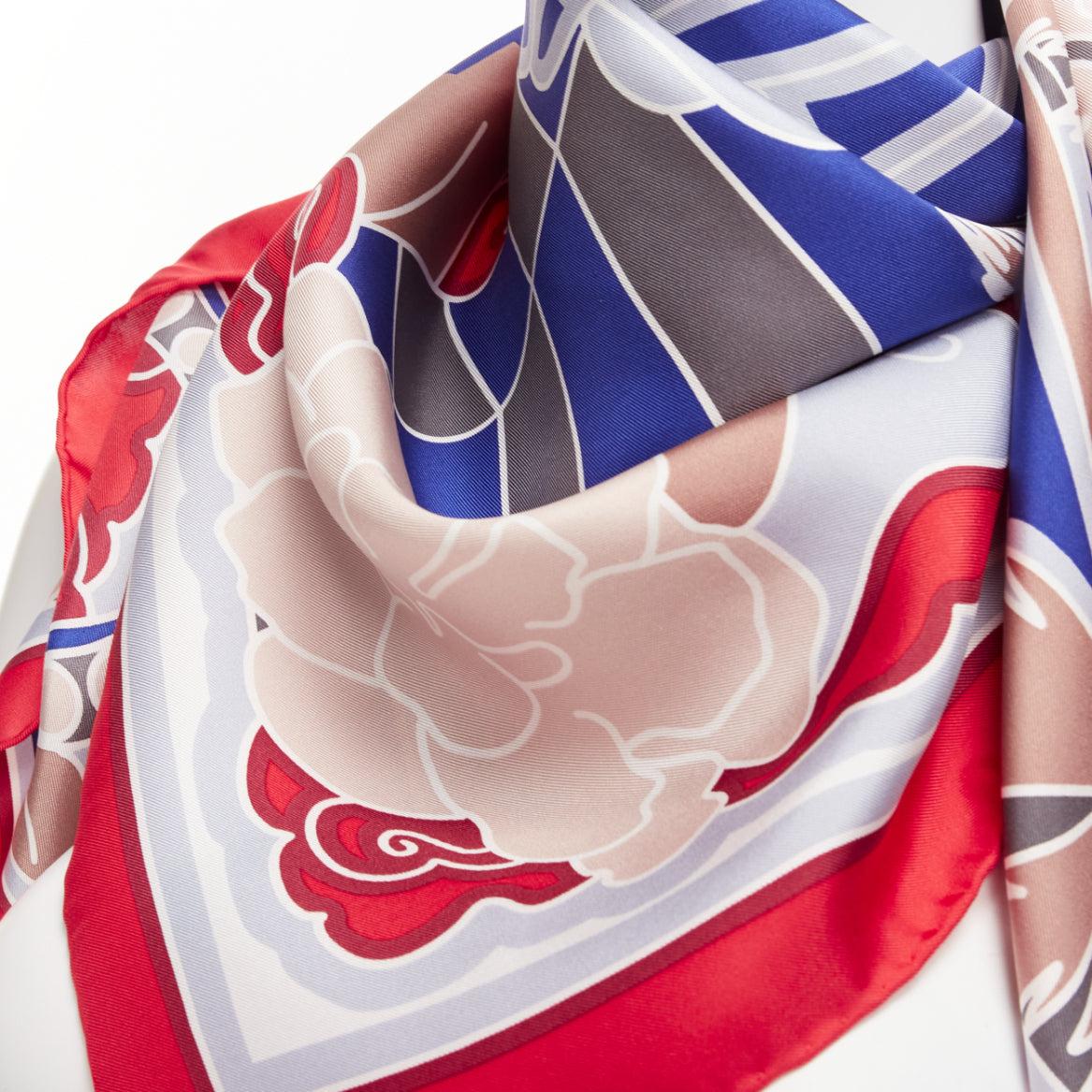 CHANEL 100% silk red blue lion statue palm trees big square scarf For Sale 3