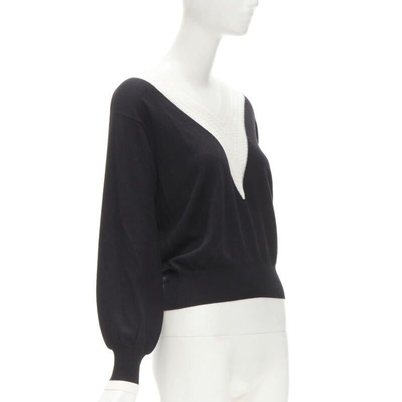Black CHANEL 100% wool black white cable knit varsity collar CC charm sweater FR38 M For Sale
