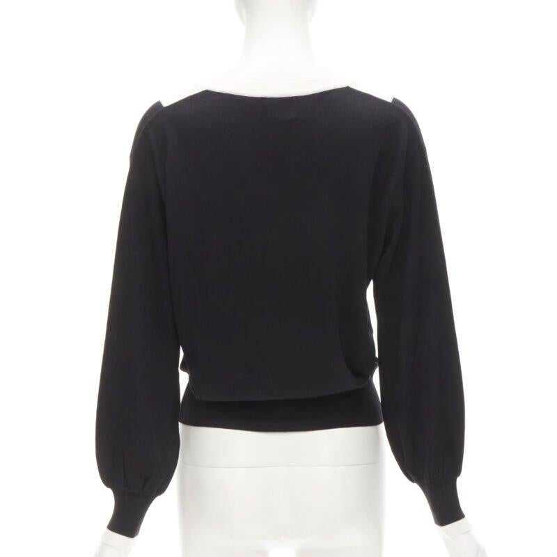 Women's CHANEL 100% wool black white cable knit varsity collar CC charm sweater FR38 M For Sale