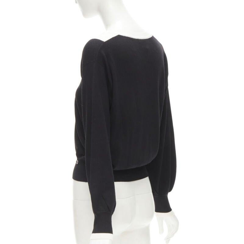 CHANEL 100% wool black white cable knit varsity collar CC charm sweater FR38 M For Sale 1