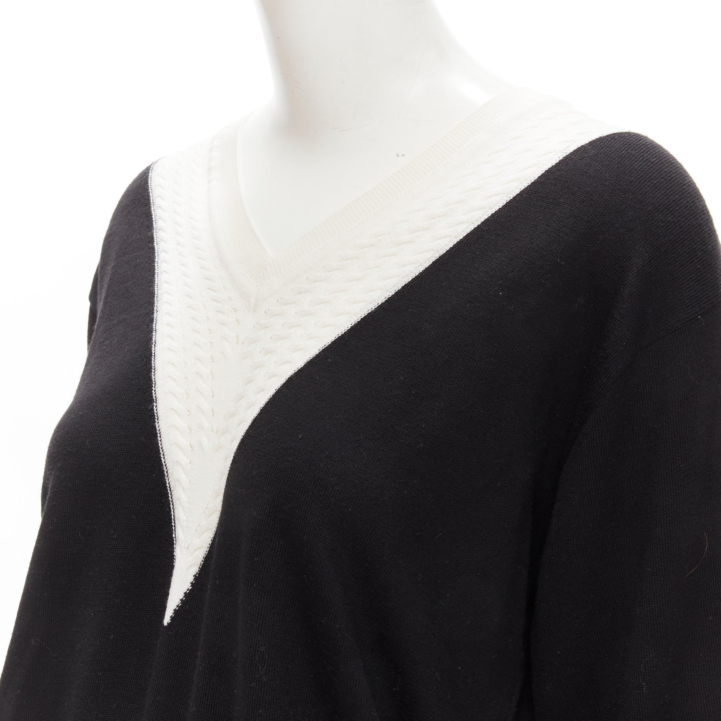 CHANEL 100% wool black white cable knit varsity collar CC charm sweater FR38 M For Sale 3