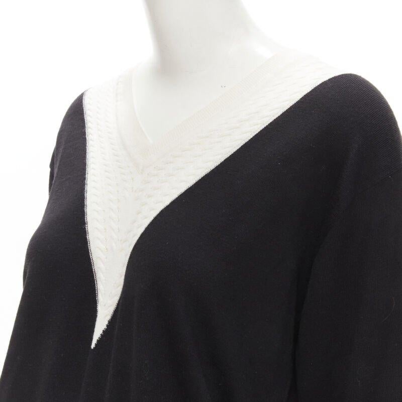 CHANEL 100% wool black white cable knit varsity collar CC charm sweater FR38 M For Sale 2