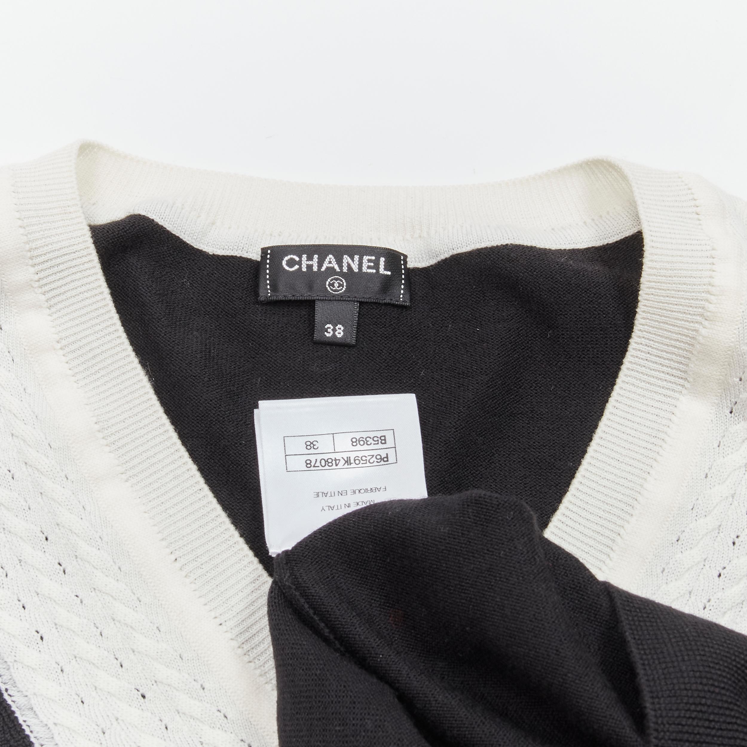 CHANEL 100% wool black white cable knit varsity collar CC charm sweater FR38 M For Sale 5