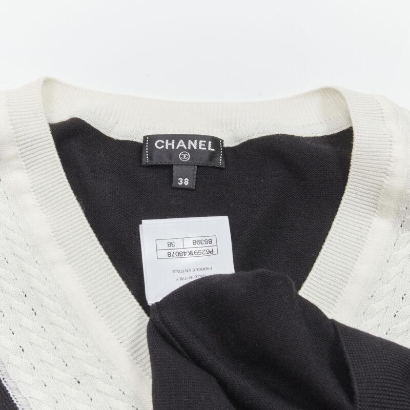 CHANEL 100% wool black white cable knit varsity collar CC charm sweater FR38 M For Sale 4