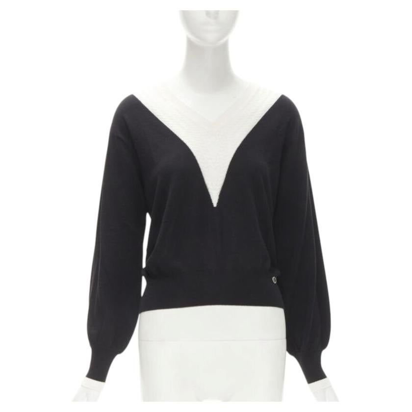 CHANEL 100% Wolle schwarz-weißer Cable-Strickpullover mit Lagenkragen CC FR38 M