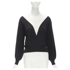 CHANEL 100% wool black white cable knit varsity collar CC charm sweater FR38 M