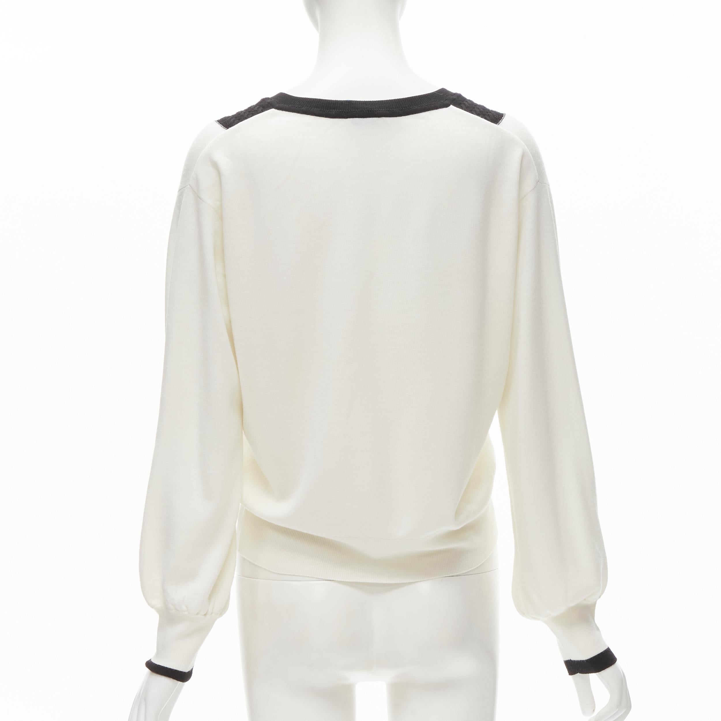 Women's CHANEL 100% wool ivory white black intarsia chain schoolgirl sweater FR38 M For Sale
