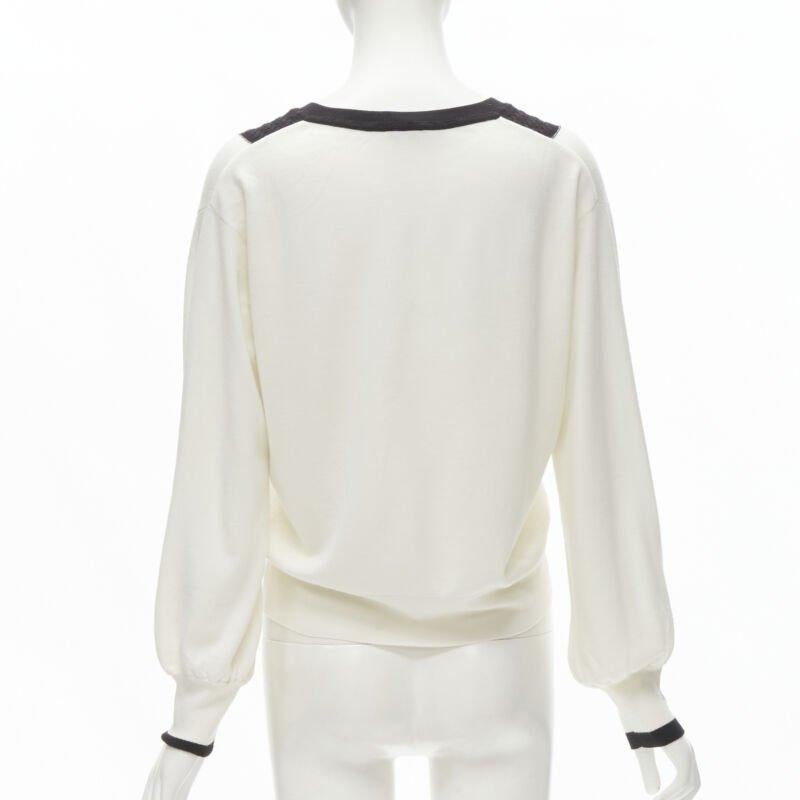 Women's CHANEL 100% wool ivory white black intarsia chain schoolgirl sweater FR38 M For Sale