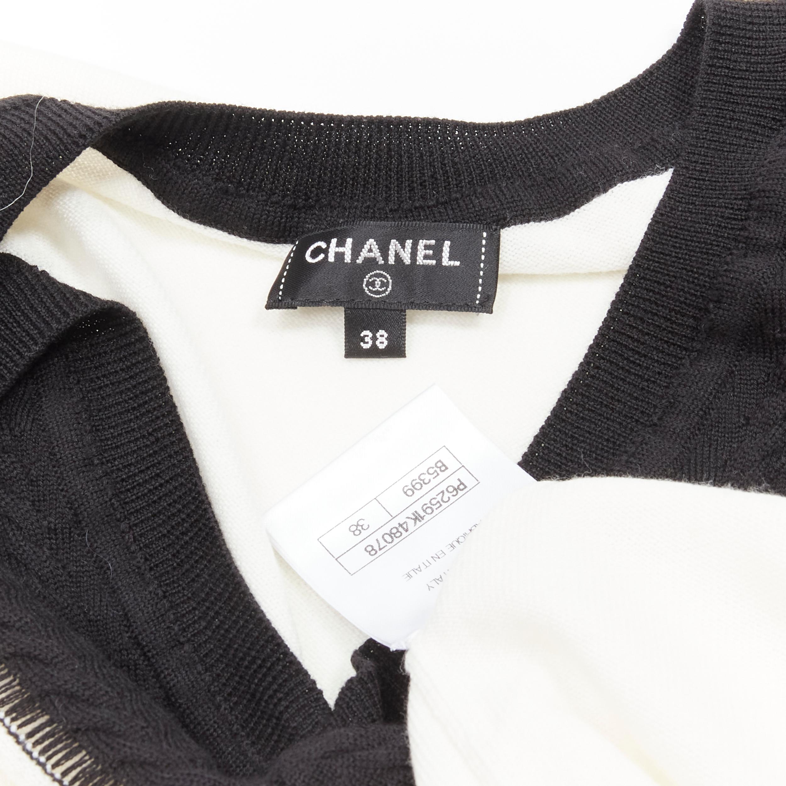 CHANEL 100% wool ivory white black intarsia chain schoolgirl sweater FR38 M For Sale 4