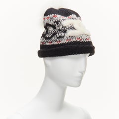 CHANEL 100% wool white CC logo pom pom black red intarsia beanie hat