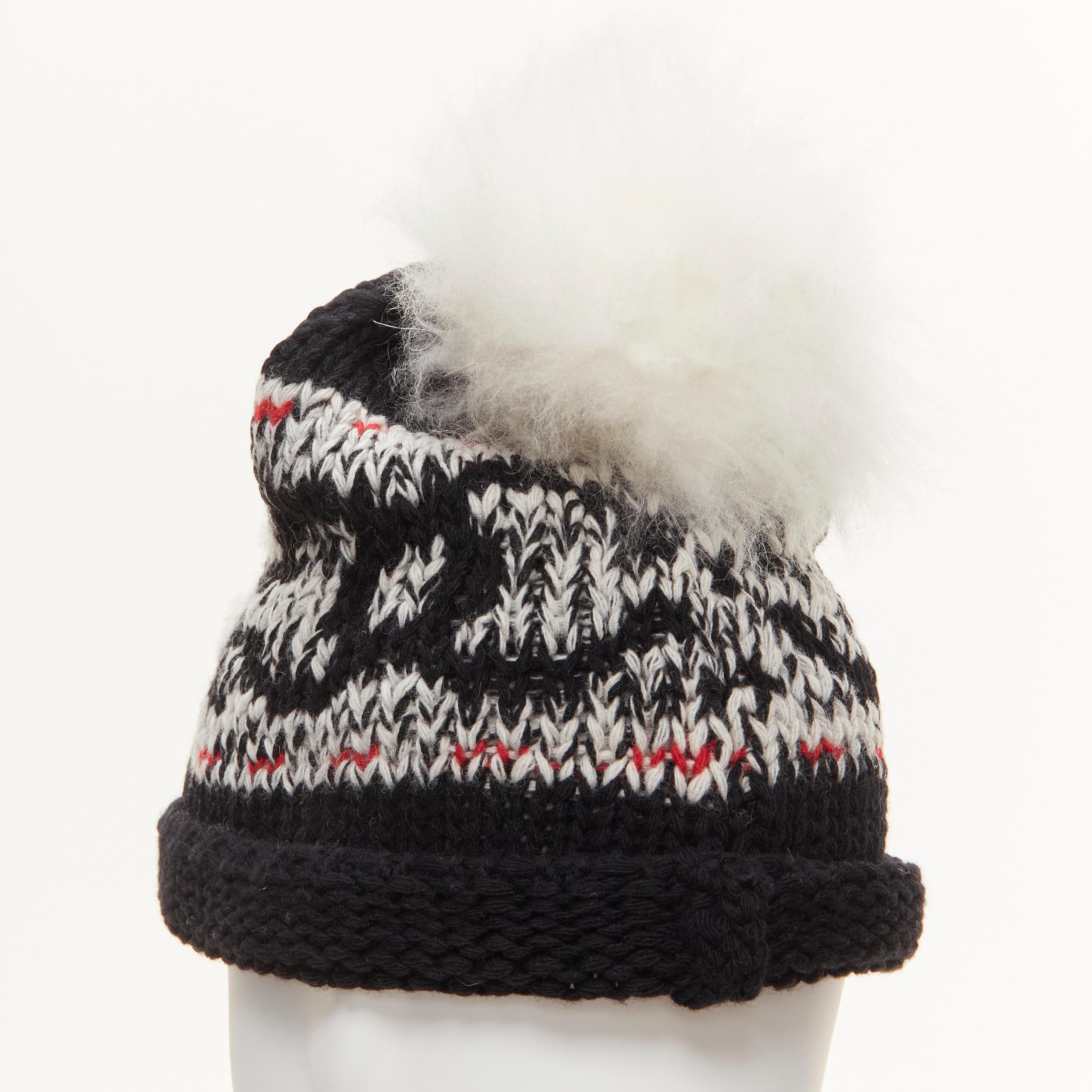 Women's CHANEL 100% wool white CC logo pom pom black red intarsia beanie hat For Sale