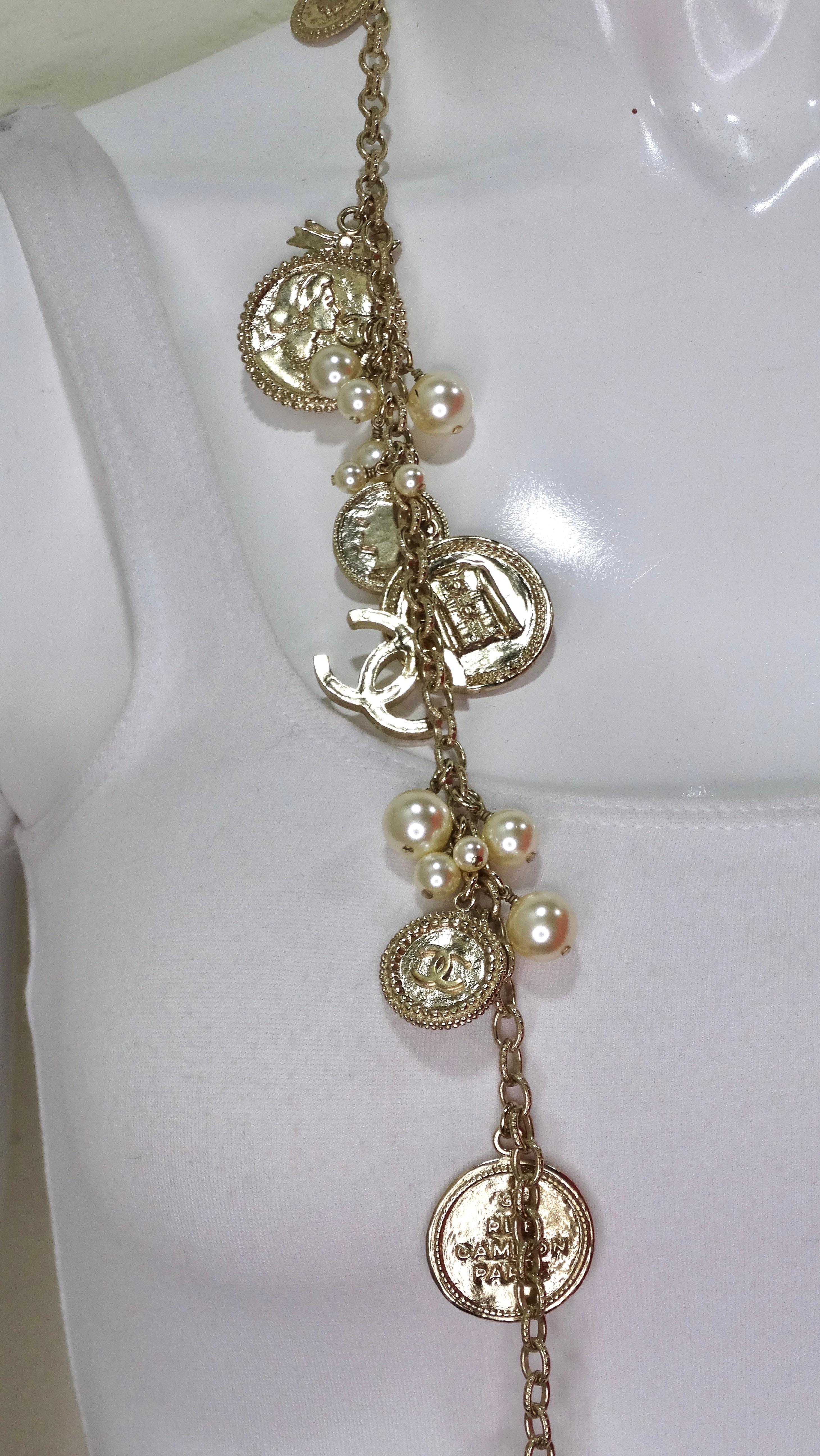 Chanel 100th Anniversary Gold Coin Pearl Long Necklace In Excellent Condition For Sale In Scottsdale, AZ