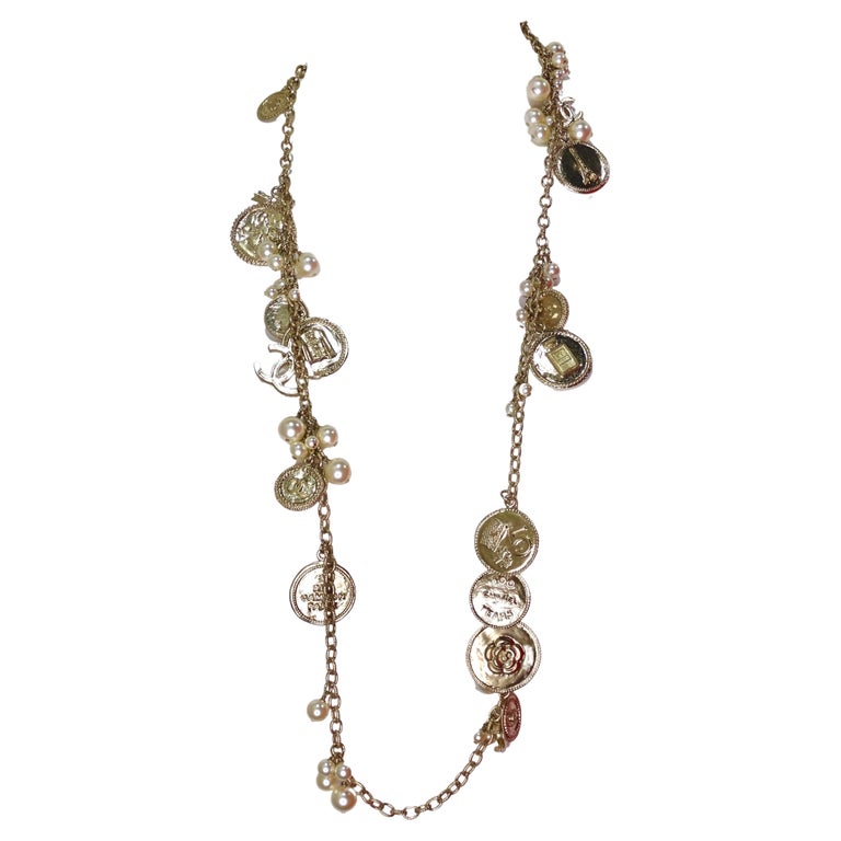 Chanel 100th Anniversary Gold Coin Pearl Long Necklace For Sale at