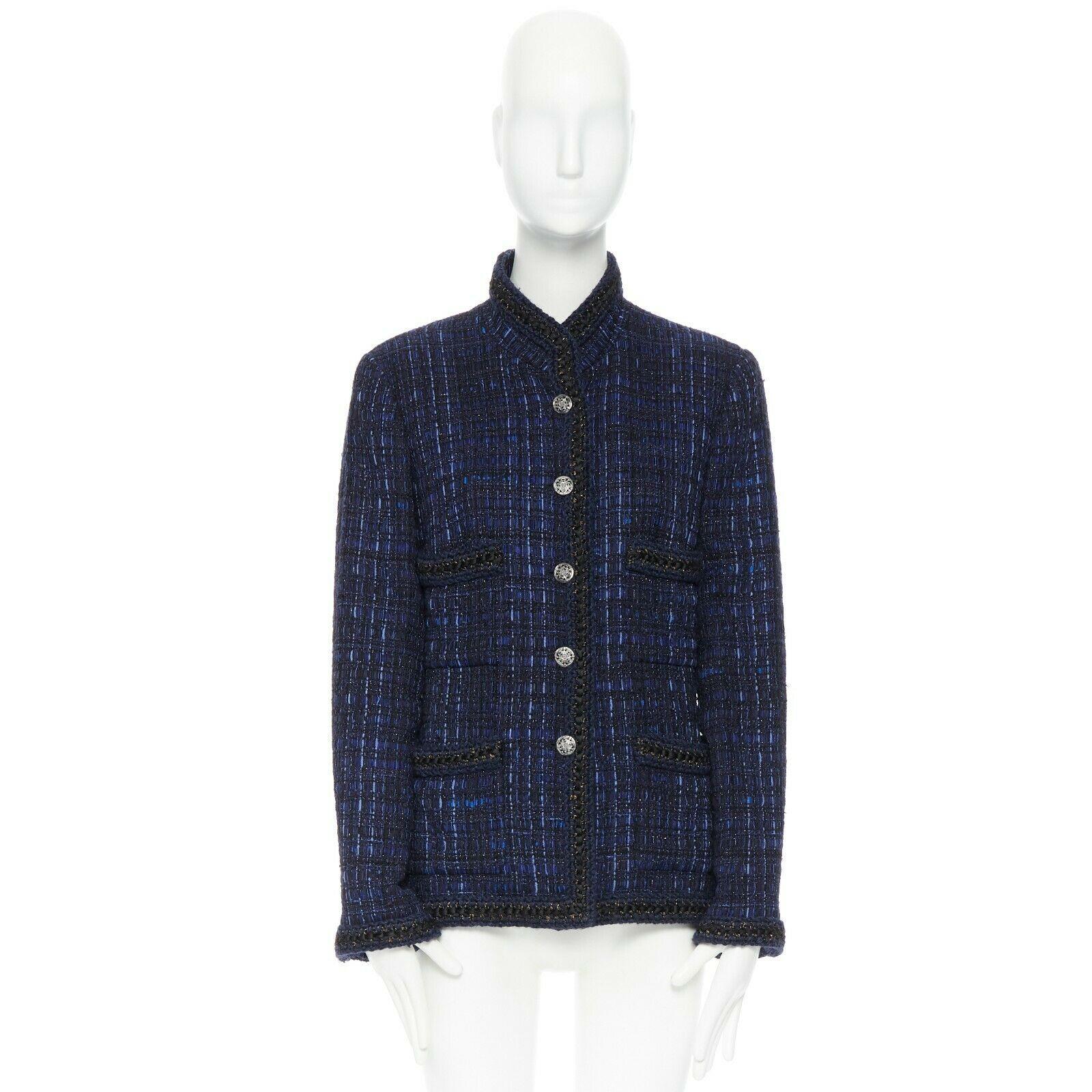 CHANEL 10A Paris-Shanghai blue fantasy tweed crochet trim 4 pockets jacket FR44
Brand: CHANEL
Designer: Karl Lagerfeld
Collection: Pre-Fall 2010, Paris-Shanghai
As seen on: G-Dragon
Model Name / Style: Tweed Jacket
Material: Cotton and silk
Color: