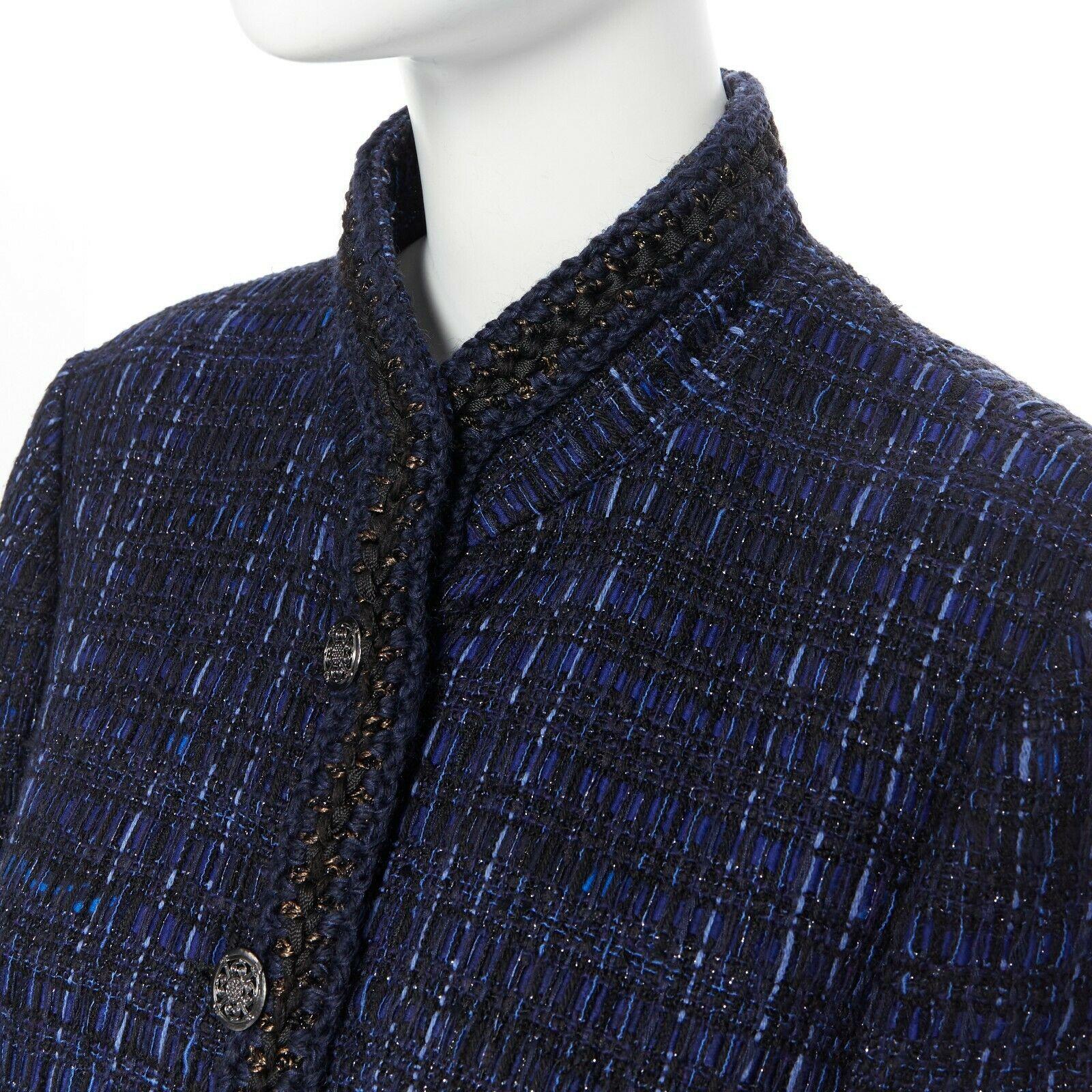 Black CHANEL 10A Paris-Shanghai blue fantasy tweed crochet trim 4 pockets jacket FR44