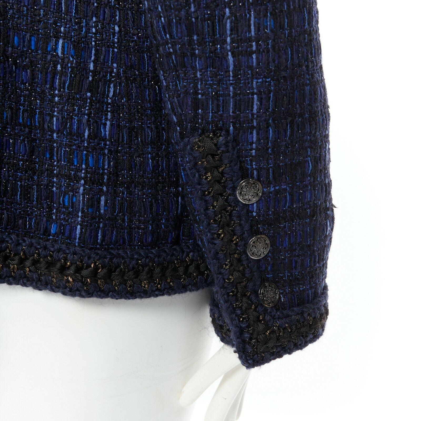 Women's CHANEL 10A Paris-Shanghai blue fantasy tweed crochet trim 4 pockets jacket FR44