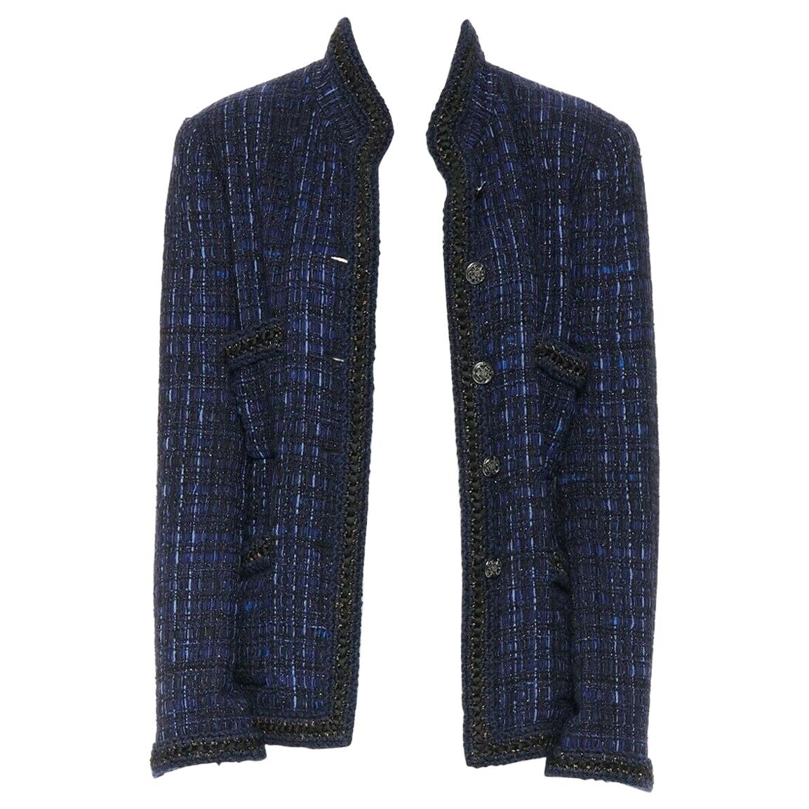 CHANEL 10A Paris-Shanghai blue fantasy tweed crochet trim 4 pockets jacket FR44