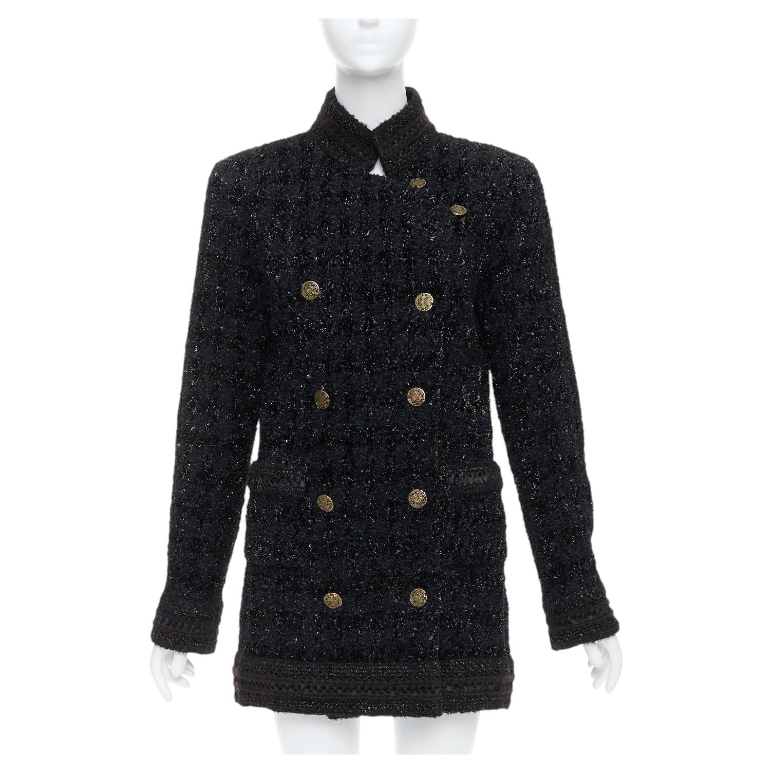 CHANEL 10A Paris Shanghai Runway black metallic checked qipao coat FR40 For Sale