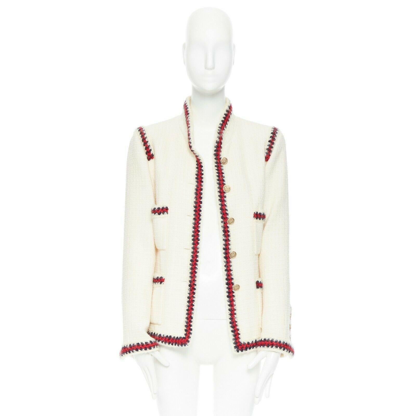 White CHANEL 10A Paris-Shanghai white tweed crochet trim officer jacket FR44