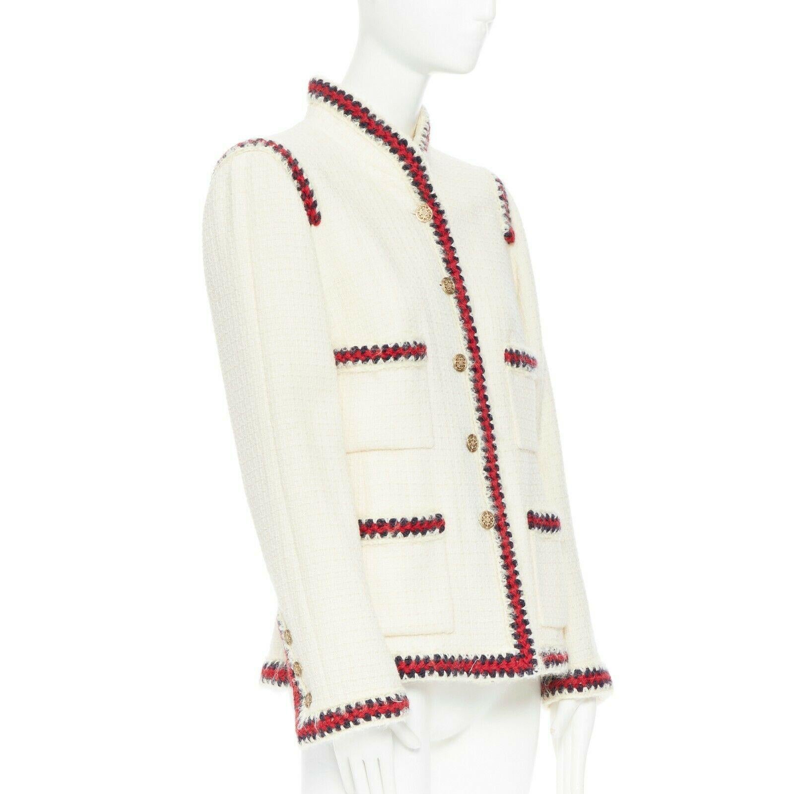 CHANEL 10A Paris-Shanghai white tweed crochet trim officer jacket FR44 In Excellent Condition In Hong Kong, NT