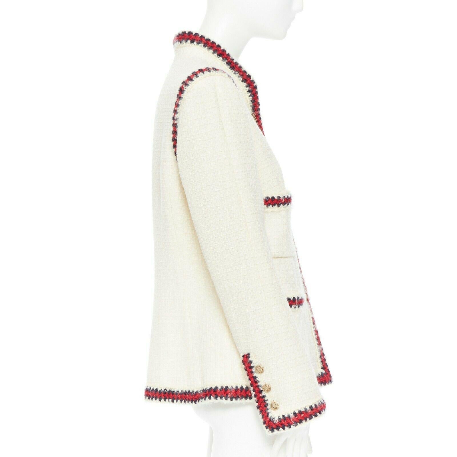 Women's CHANEL 10A Paris-Shanghai white tweed crochet trim officer jacket FR44