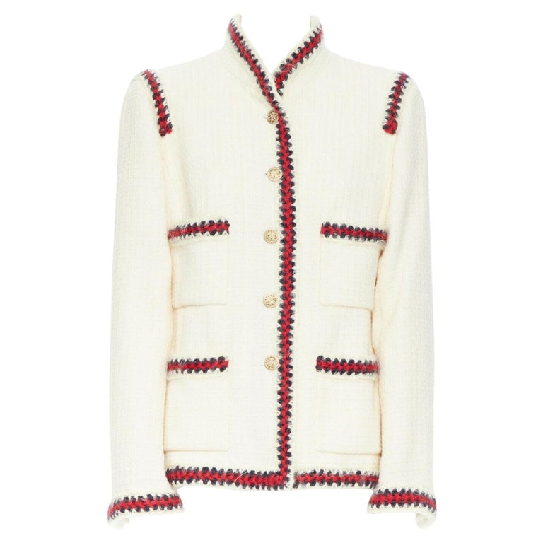 CHANEL 10A Paris-Shanghai white tweed crochet trim officer jacket FR44 at  1stDibs