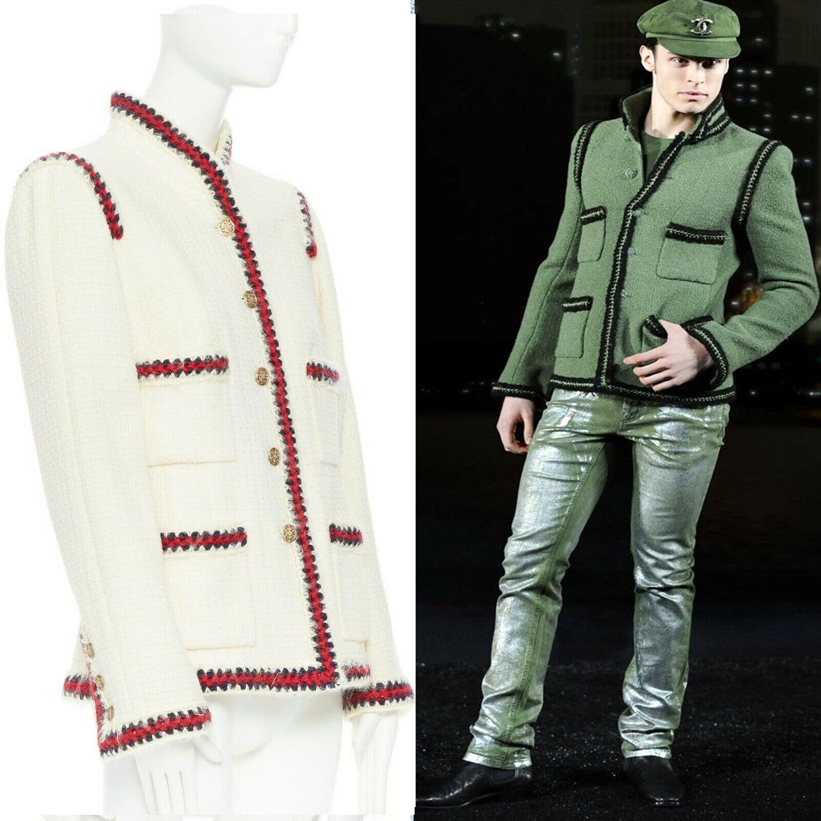 CHANEL 10A Paris-Shanghai white tweed crochet trim officer jacket FR44
Brand: CHANEL
Designer: Karl Lagerfeld
Collection: 10A, 'Paris-Shanghai' Metier D'art
Model Name / Style: Tweed jacket
Material: Wool
Color: White with red trimming
Pattern: