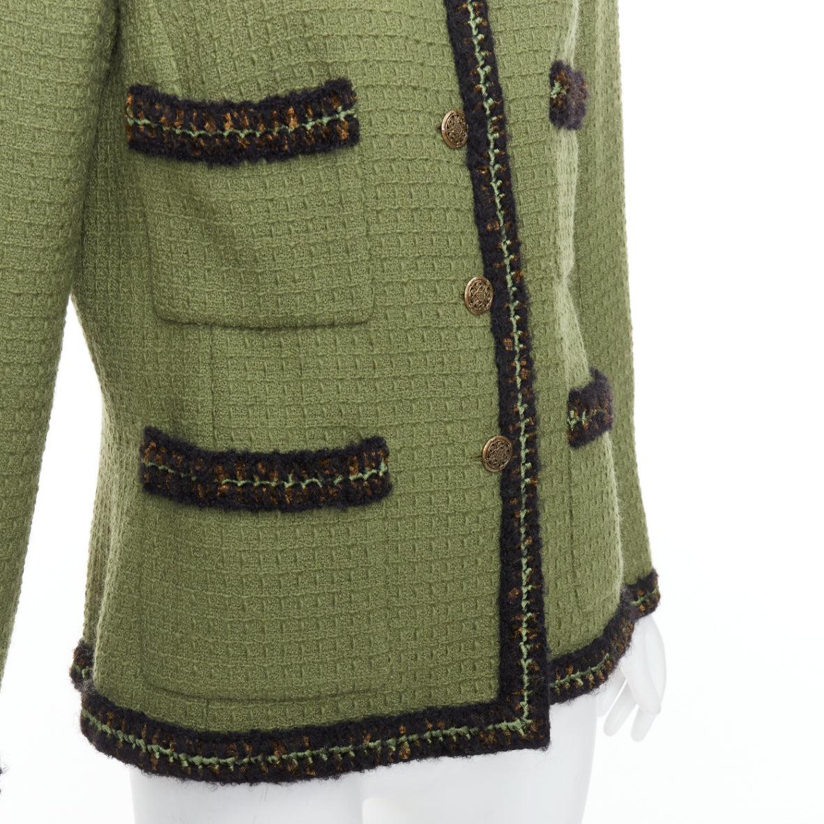 CHANEL 10A Runway military green tweed 4 pocket officer jacket FR46
Reference: BMPA/A00269
Brand: Chanel
Designer: Karl Lagerfeld
Model: P37872V24392
Collection: 10A Metier d'Art  Paris-Shanghai - Runway
As seen on: G-Dragon
Material: Wool
Color: