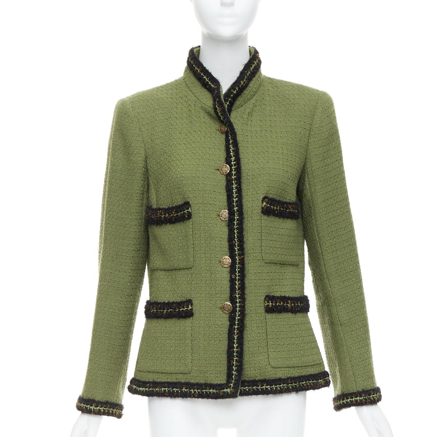 Gray CHANEL 10A Runway military green tweed 4 pocket officer jacket FR46