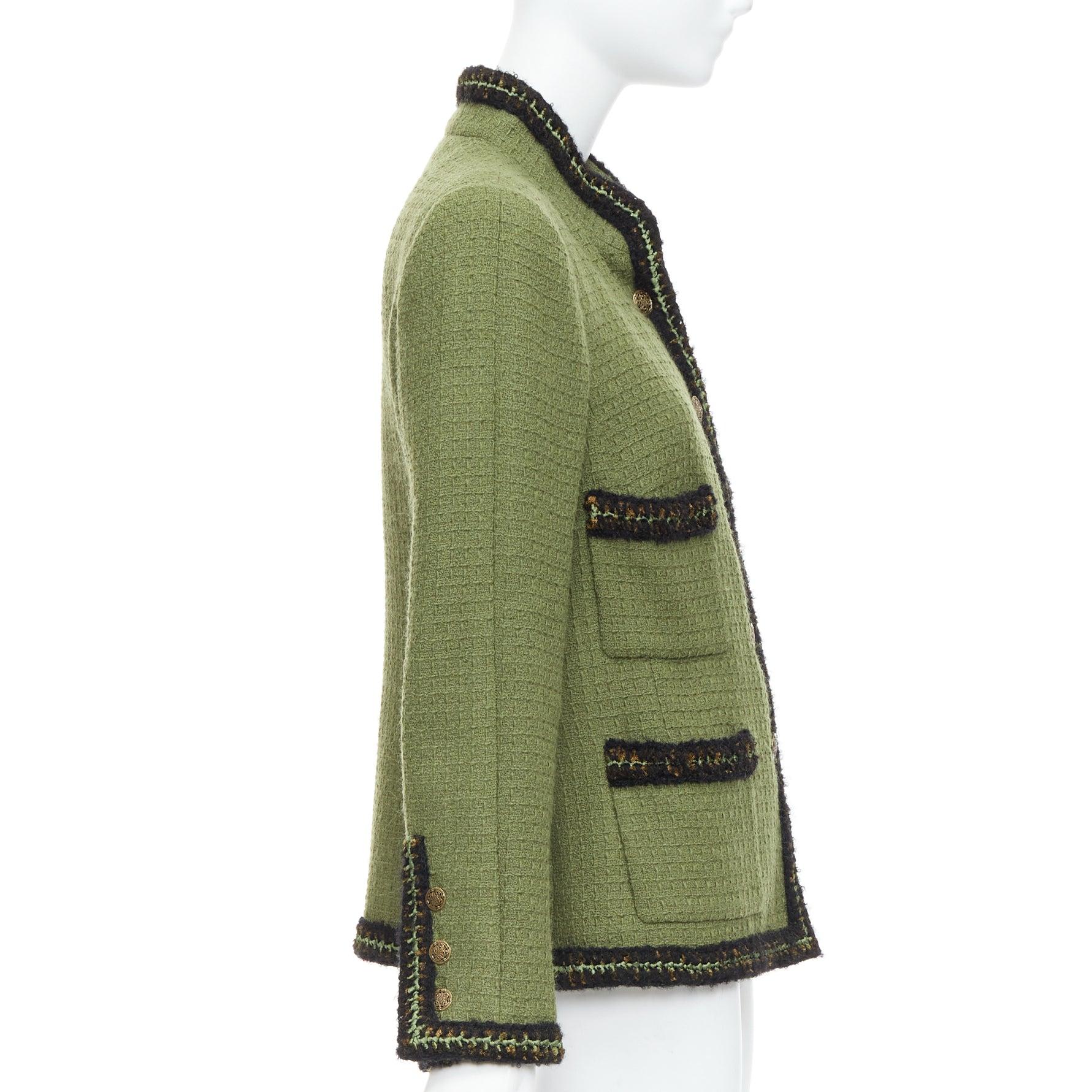 Women's CHANEL 10A Runway military green tweed 4 pocket officer jacket FR46