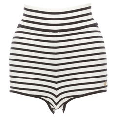 CHANEL 10C black white striped cotton gold CC charm high waisted shorts FR36 S